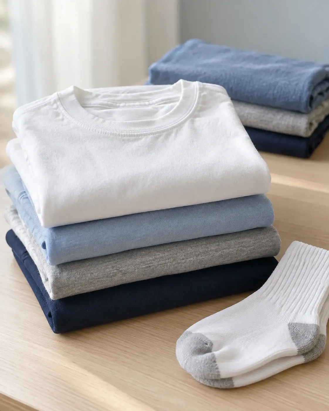 Neatly folded cotton T-shirts and paired socks