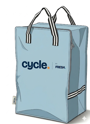 cycle. bag — light blue tote with handles, 16 inches wide by 12 inches deep by 24 inches tall