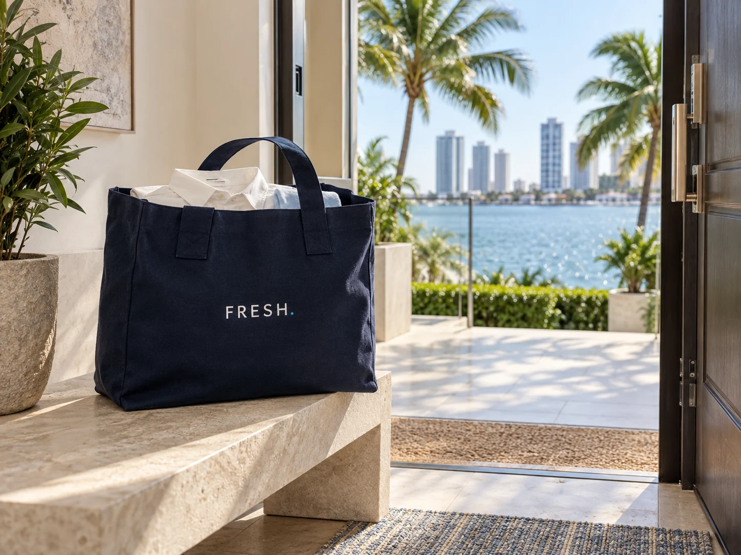 A FRESH. laundry tote beside a Miami waterfront doorway