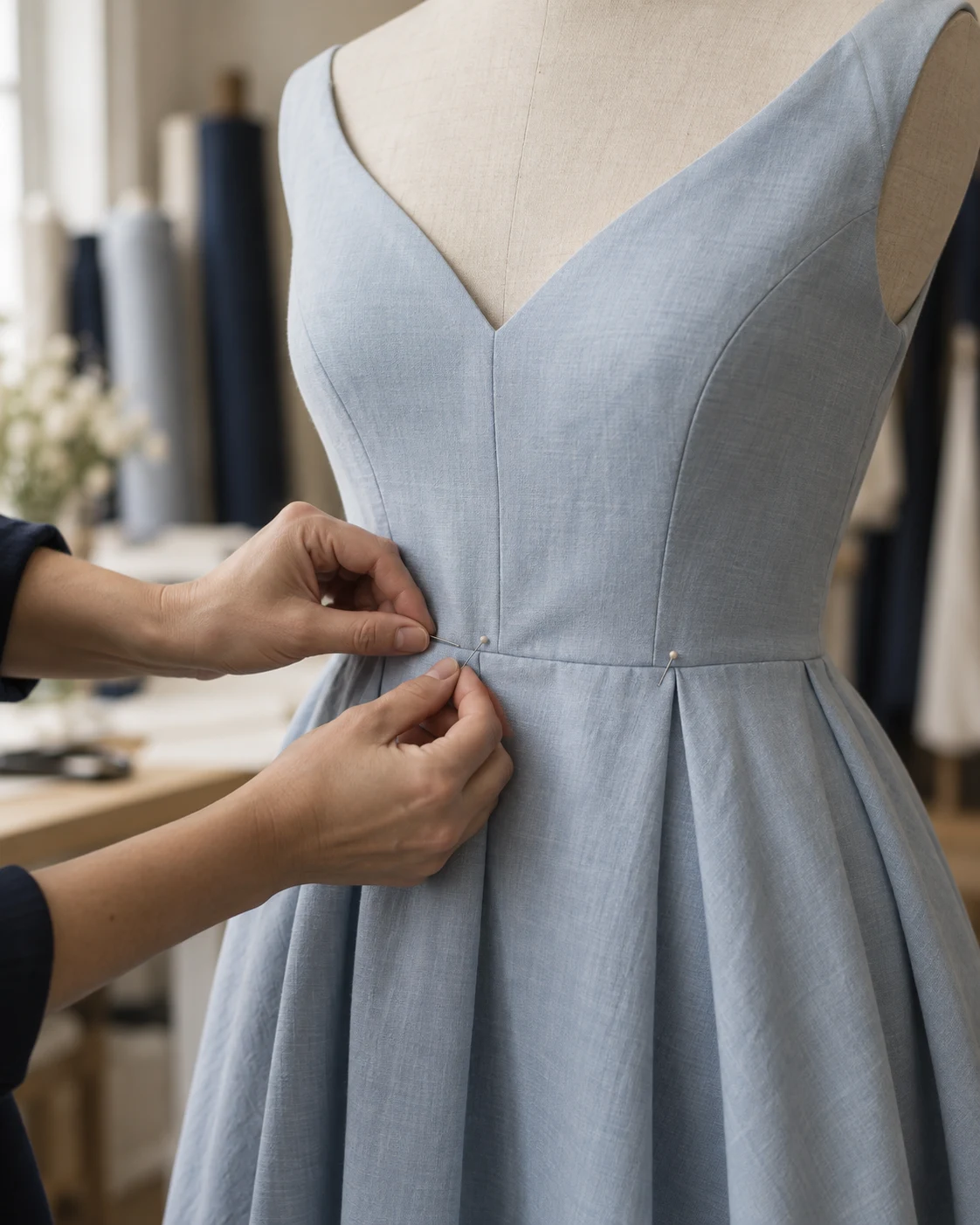 A tailor adjusting the waist of a pale blue dress on a dress form