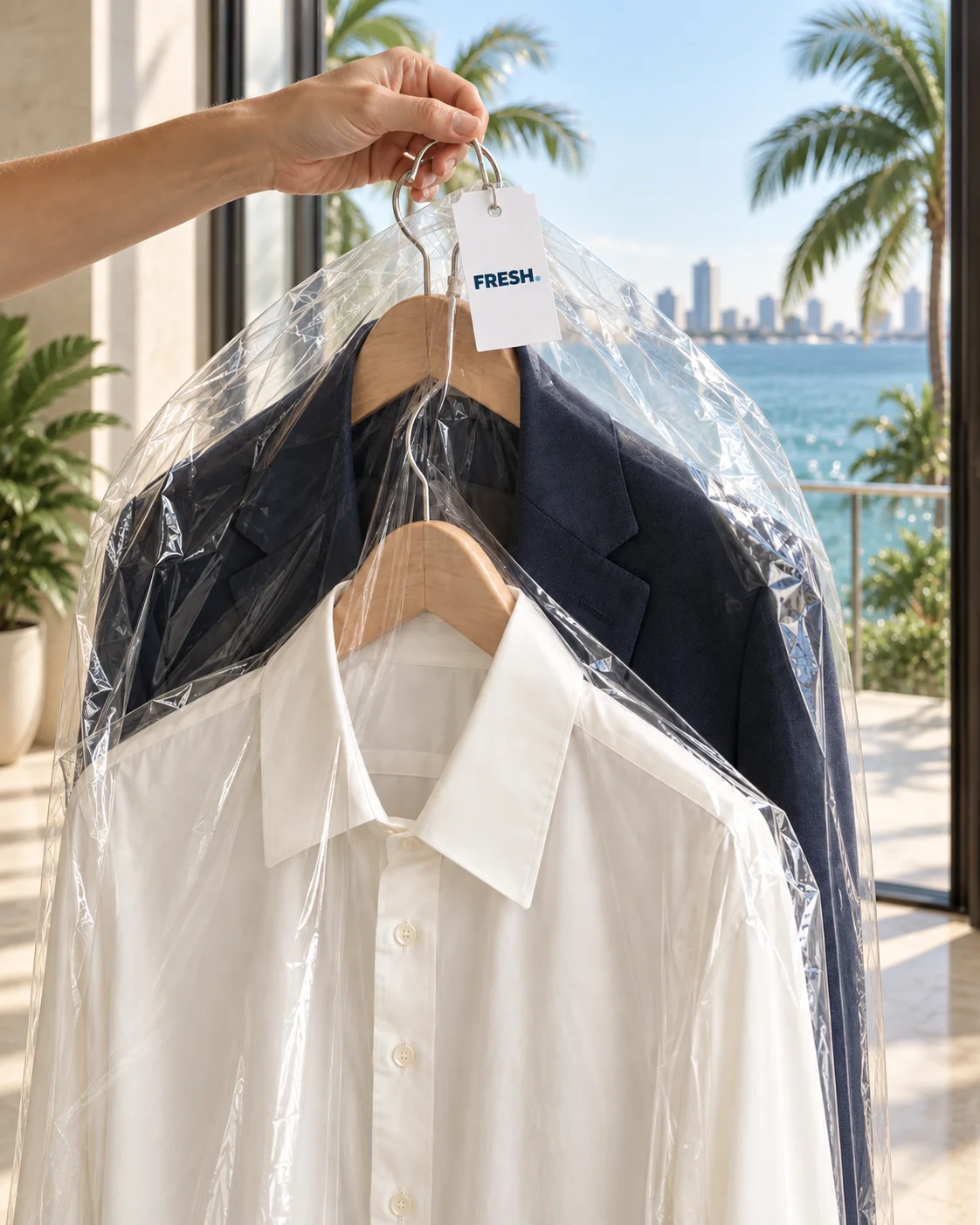 Pressed navy jacket and ivory shirt with Miami water and palm trees in the background