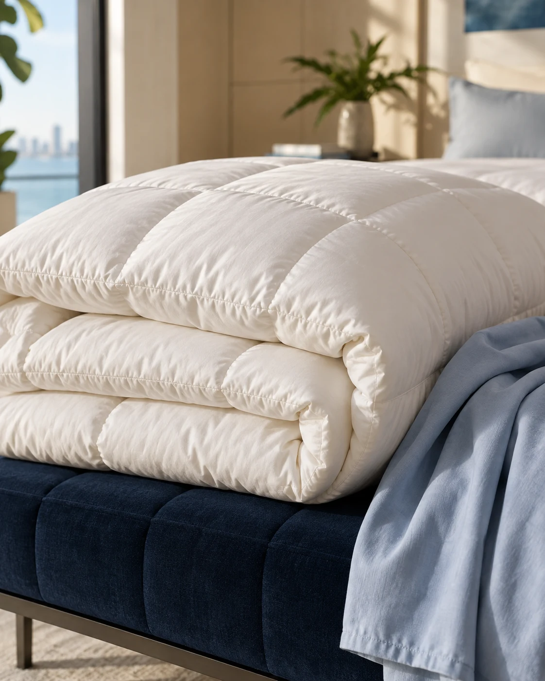An ivory comforter and pale blue duvet cover in a sunlit room