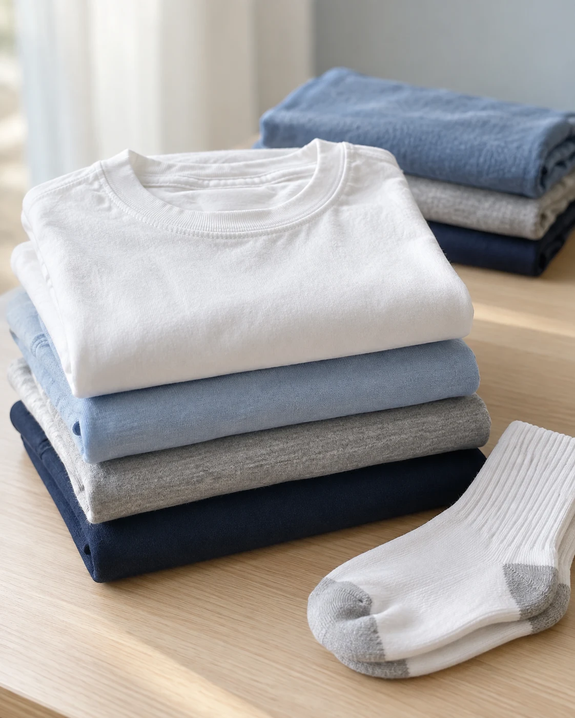 Folded cotton T-shirts in white, pale blue and navy